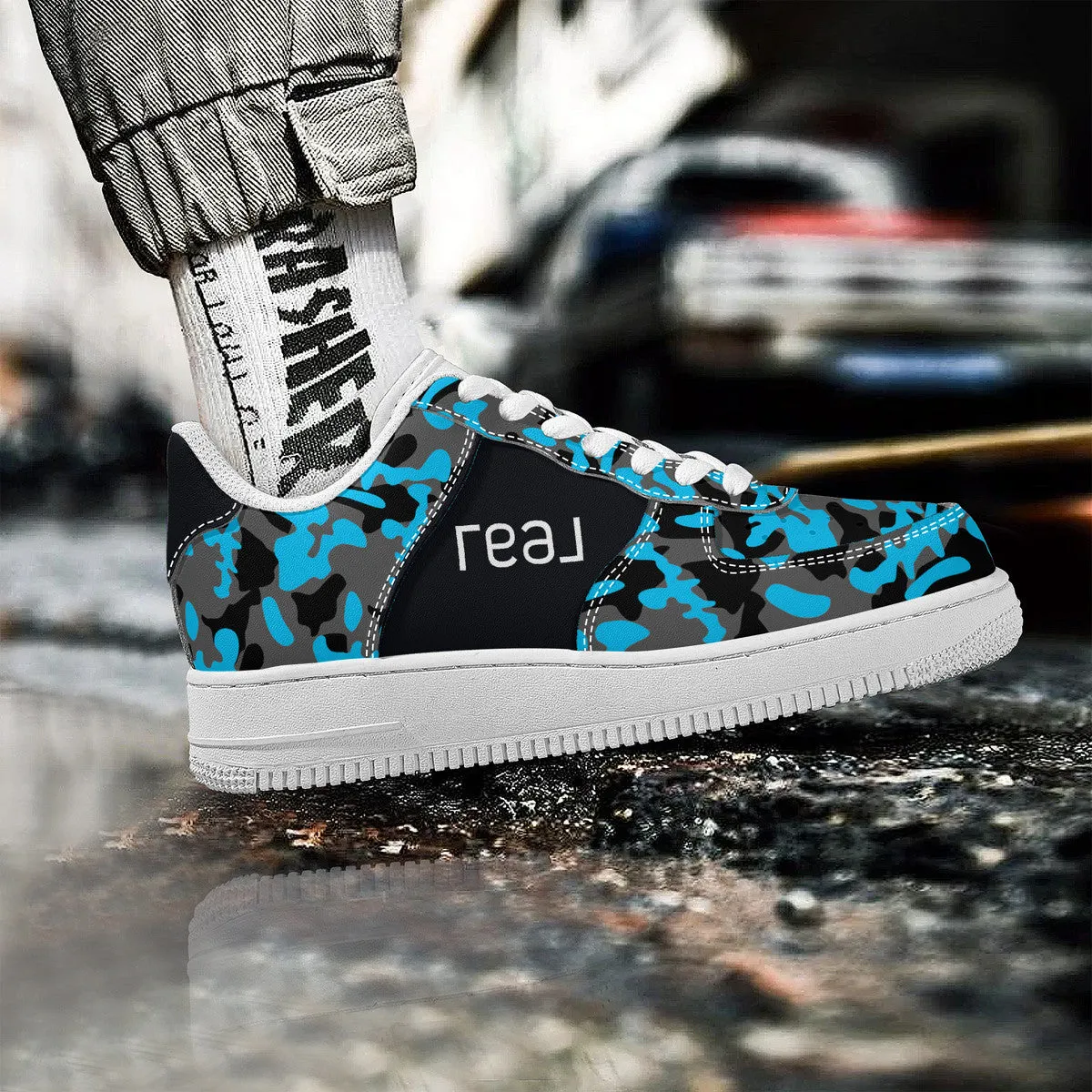 Blue, Black & Grey Camouflage Real Broker Logo With Brackets Unisex Air Force Sneakers