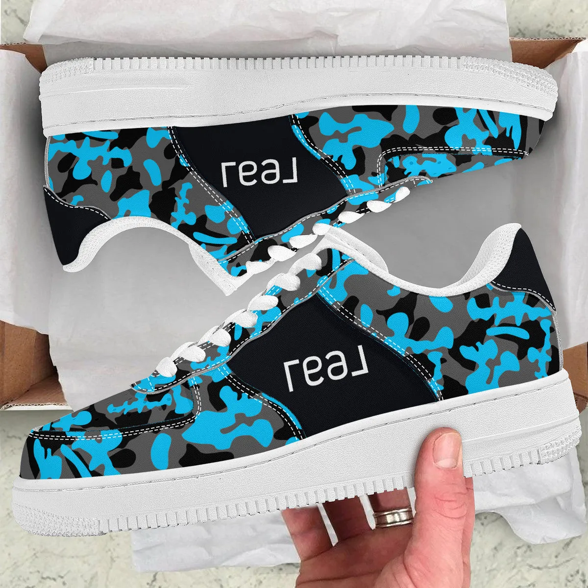 Blue, Black & Grey Camouflage Real Broker Logo With Brackets Unisex Air Force Sneakers