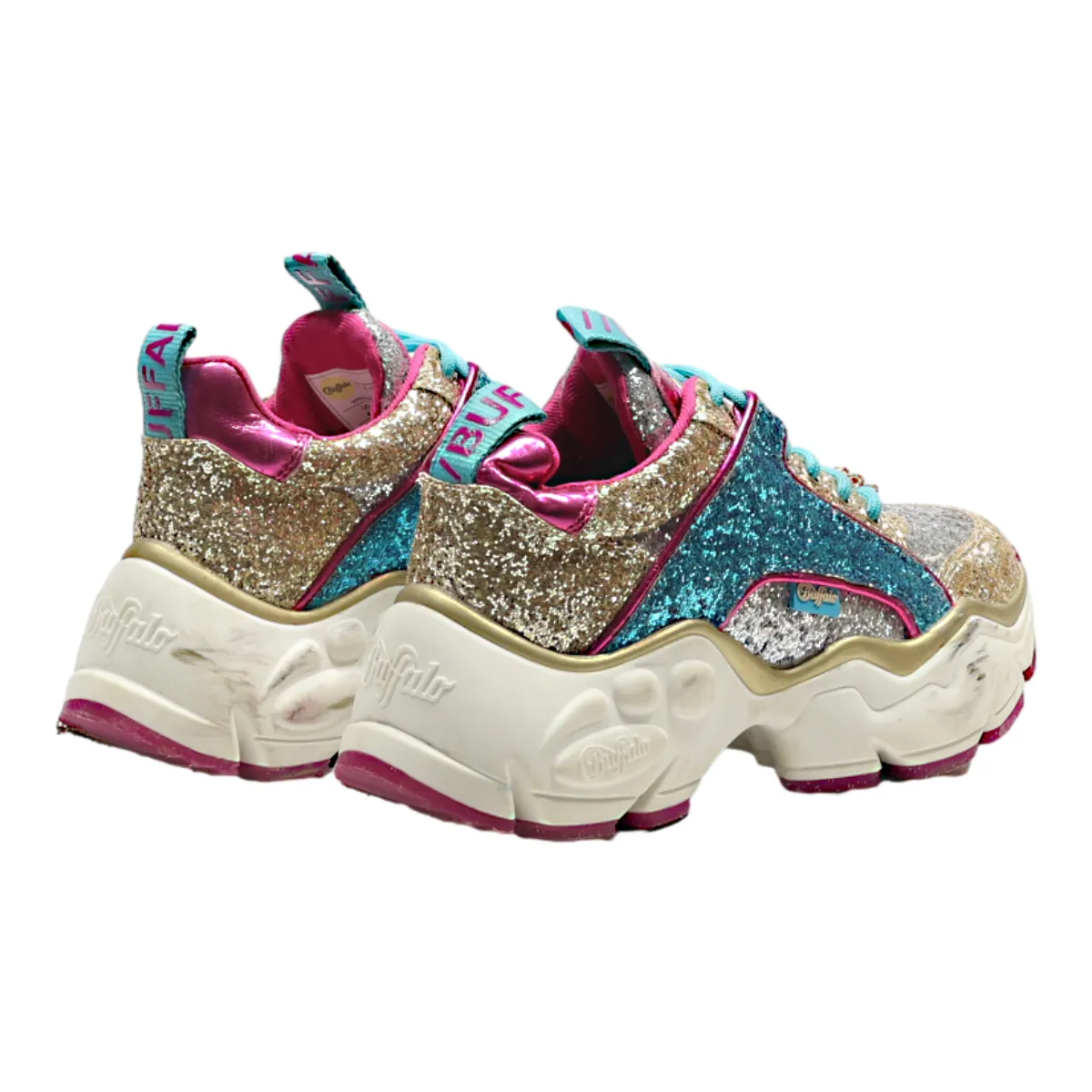 BUFFALO Sparkly Platform Trainers Gold Synthetic Womens UK 4