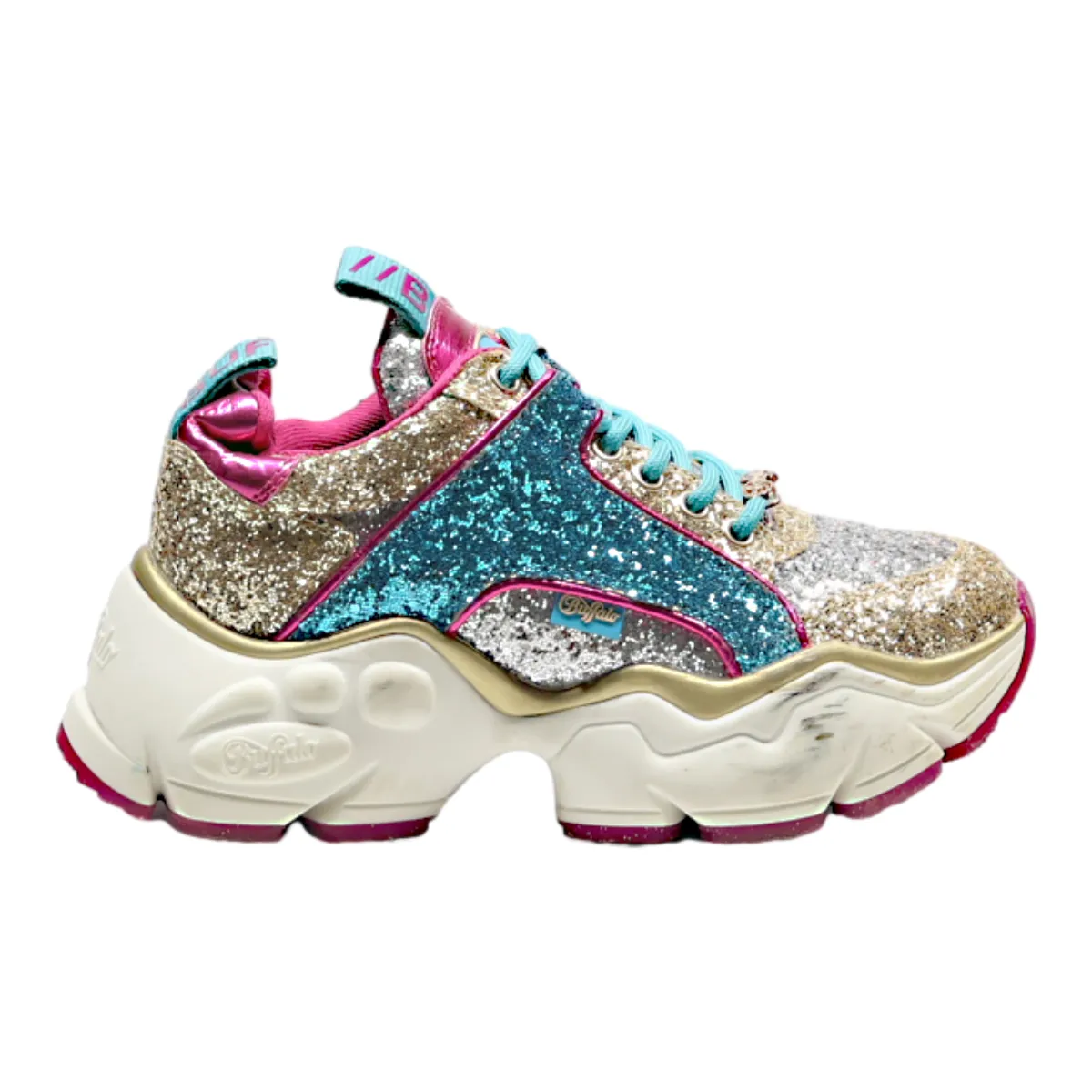 BUFFALO Sparkly Platform Trainers Gold Synthetic Womens UK 4