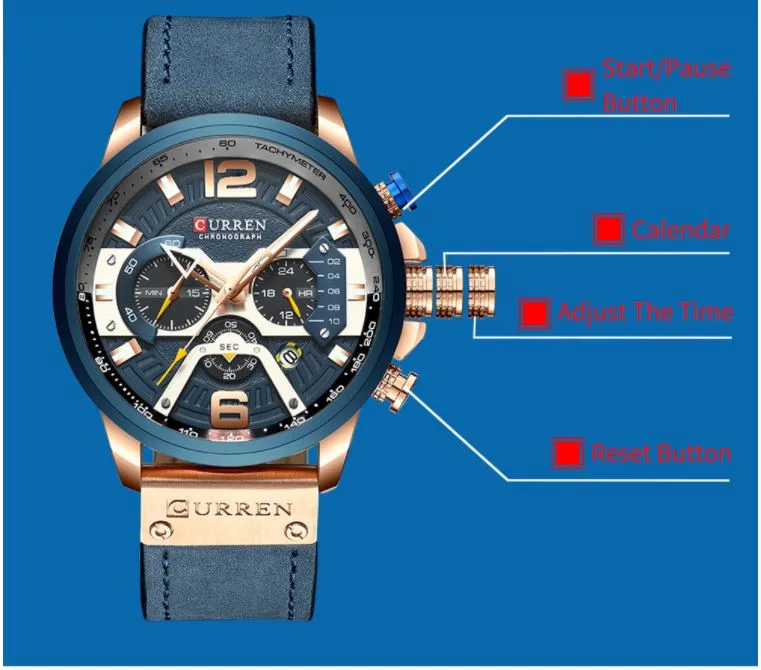 CURREN Military Style Water Resistant Sports Watch Chronograph & Full Calendar with Box
