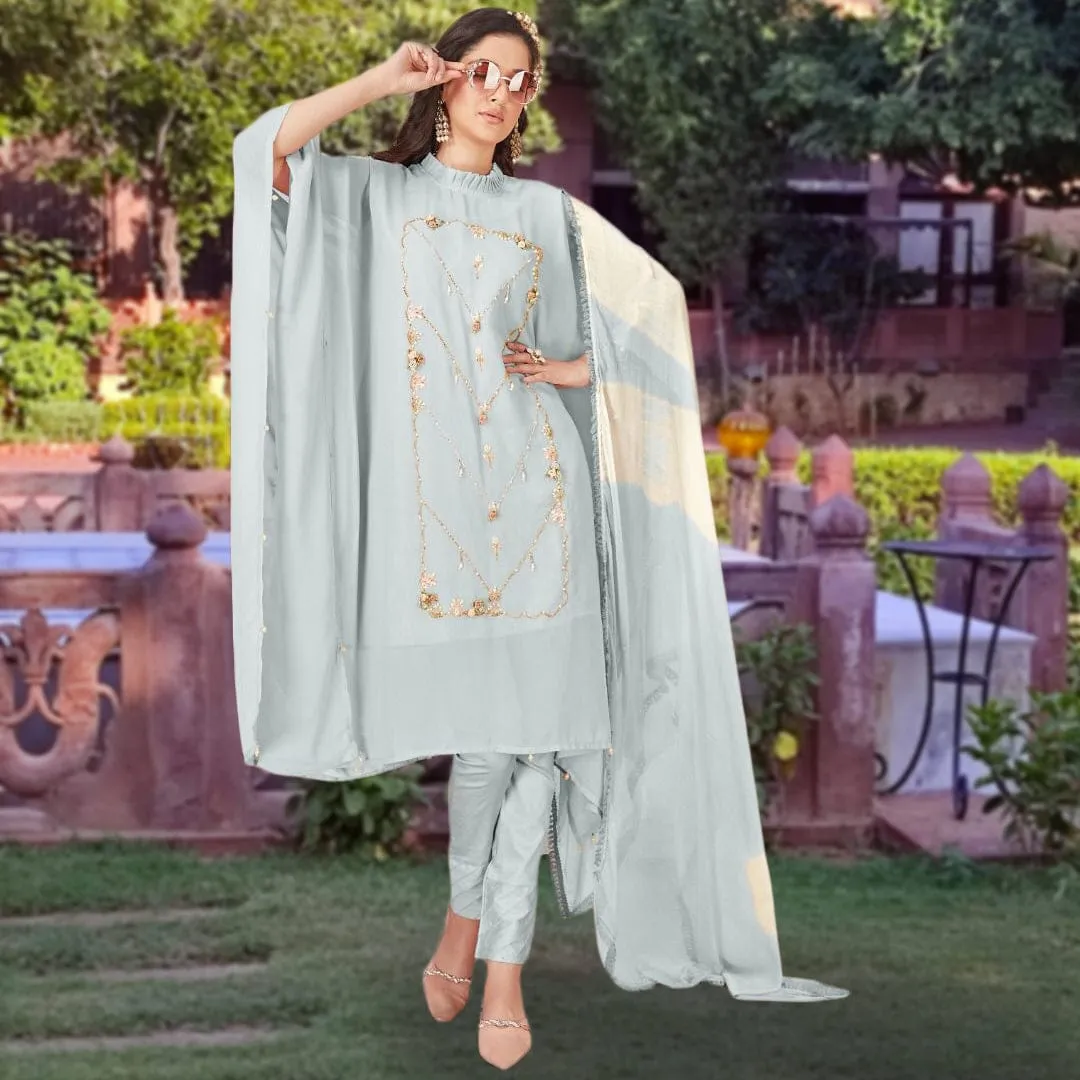 Heaven Scent pastel blue embroidered kaftan set with dupatta