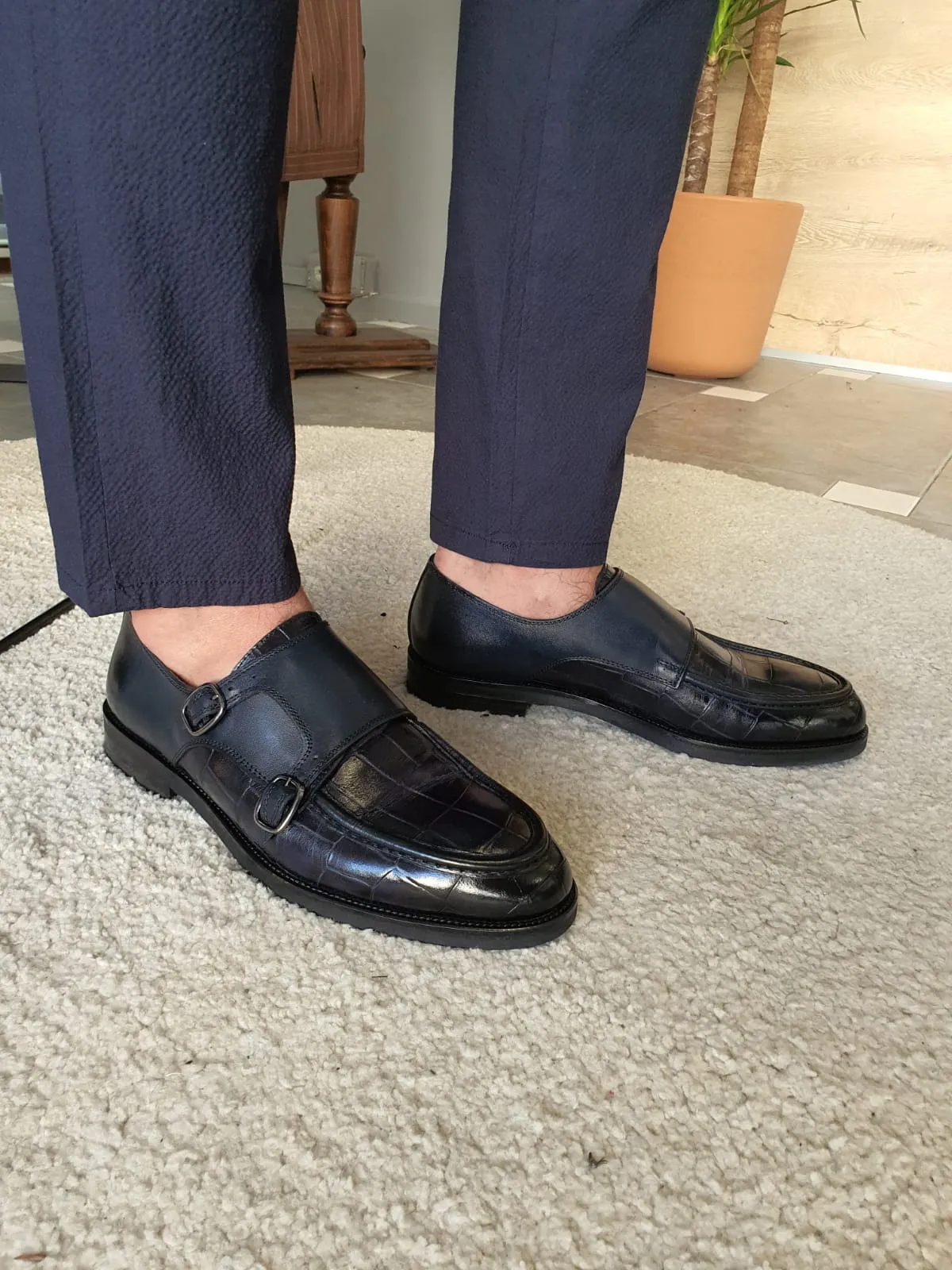 Logan Sardinelli Special Edition Double Buckled Crocodile Leather Navy Shoes