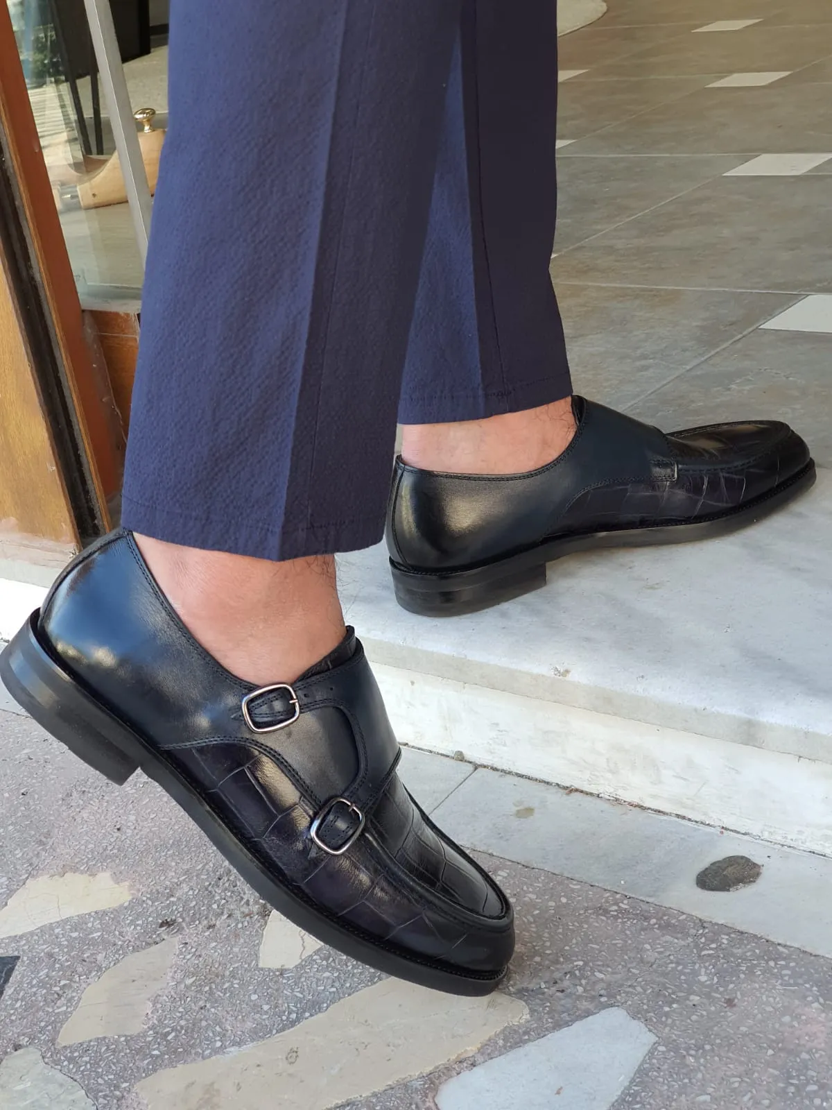 Logan Sardinelli Special Edition Double Buckled Crocodile Leather Navy Shoes