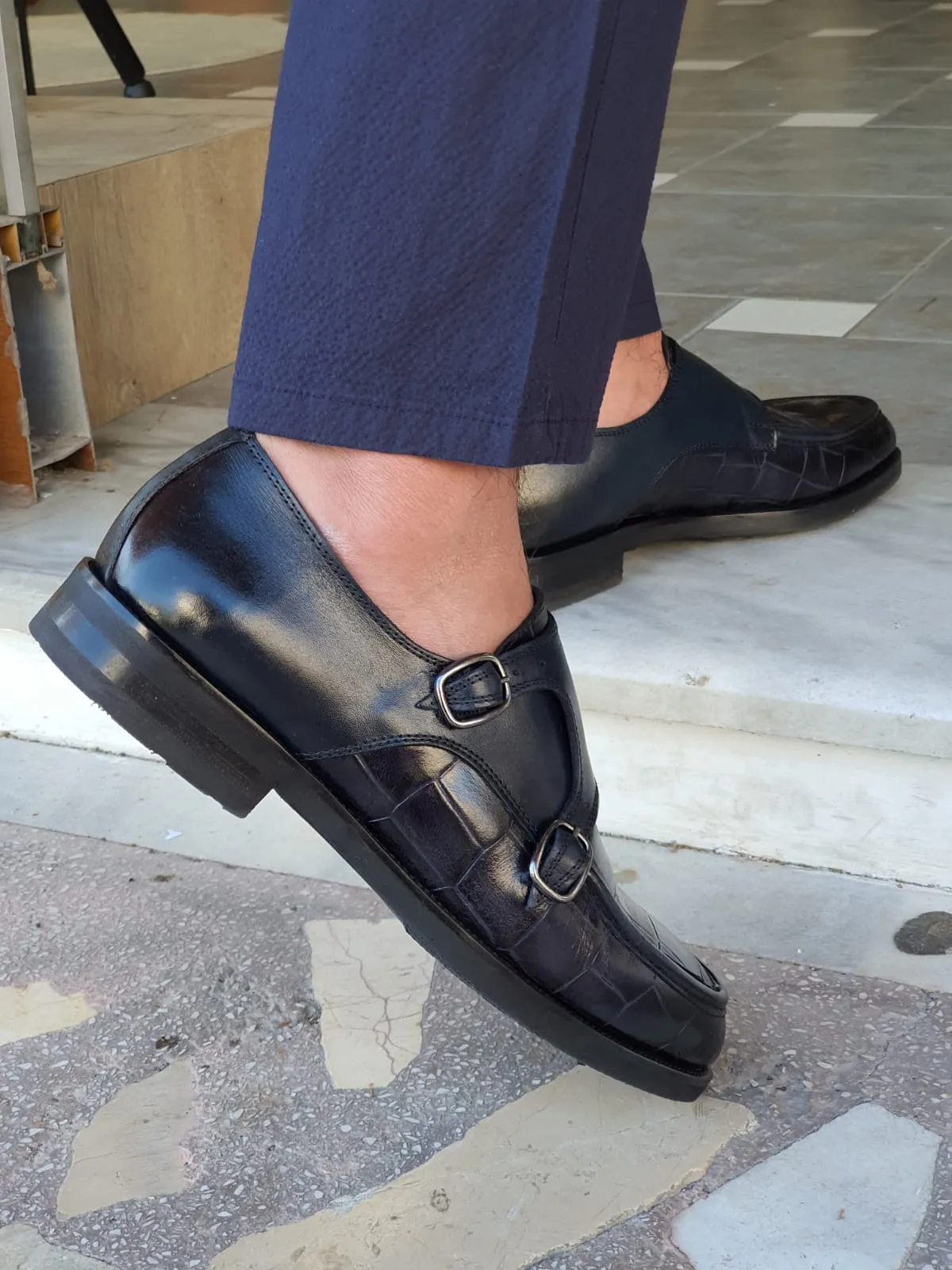 Logan Sardinelli Special Edition Double Buckled Crocodile Leather Navy Shoes