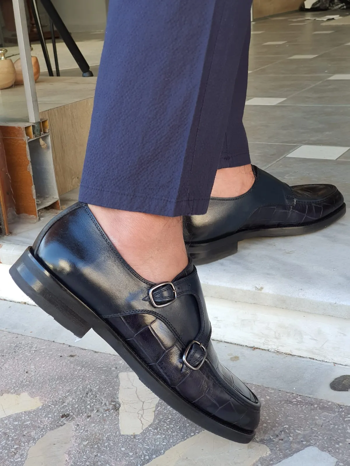 Logan Sardinelli Special Edition Double Buckled Crocodile Leather Navy Shoes