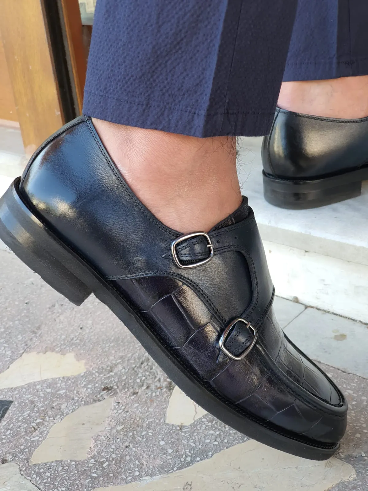 Logan Sardinelli Special Edition Double Buckled Crocodile Leather Navy Shoes