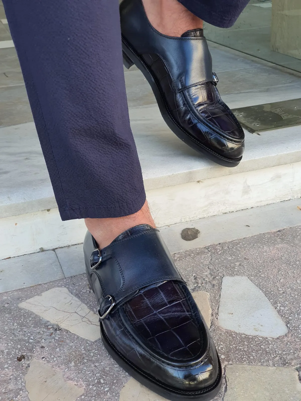 Logan Sardinelli Special Edition Double Buckled Crocodile Leather Navy Shoes