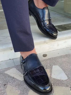 Logan Sardinelli Special Edition Double Buckled Crocodile Leather Navy Shoes