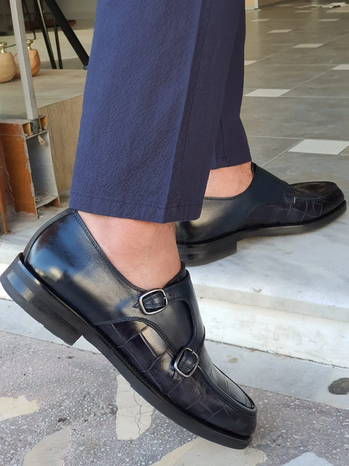 Logan Sardinelli Special Edition Double Buckled Crocodile Leather Navy Shoes