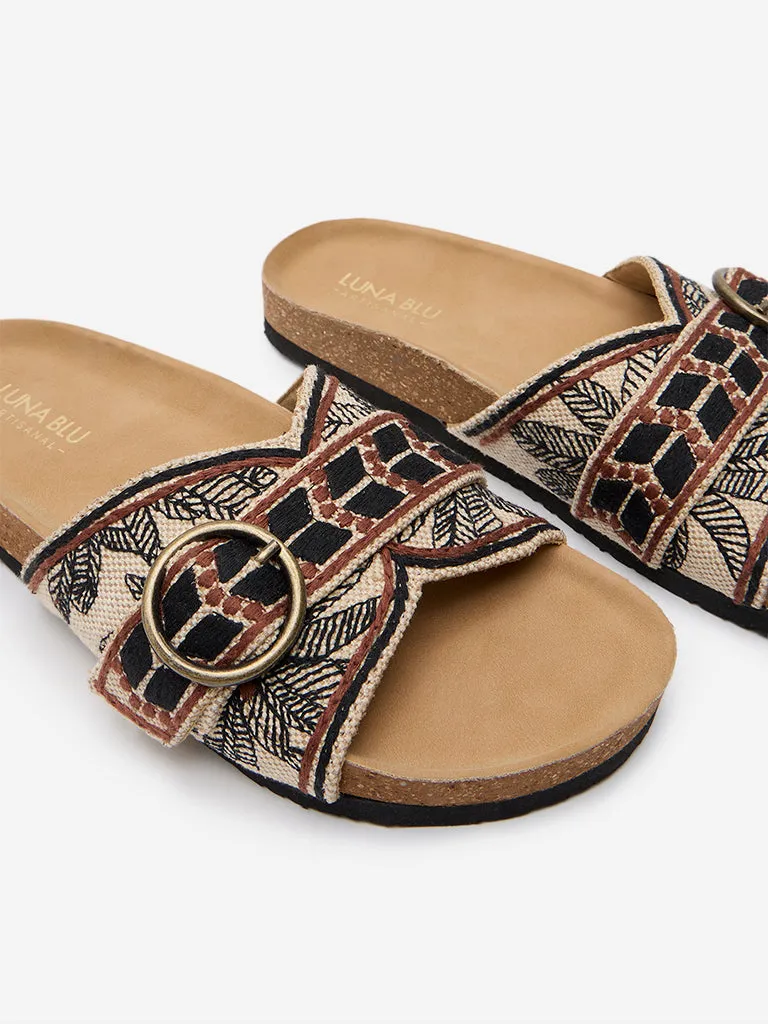 LUNA BLU Black Embroidered Slides