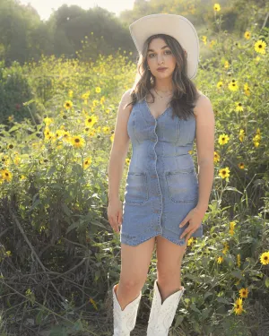 Medium Wash Sleeveless V Neck Vest Style Denim Mini Dress