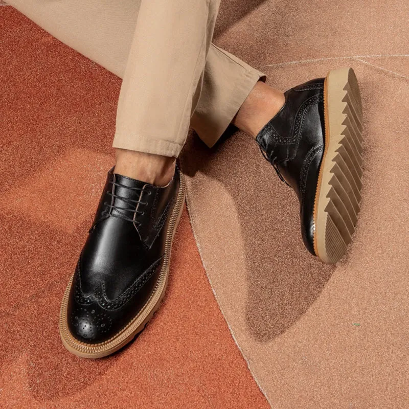 Mens Wingtip Casual Dress Shoes Black Leather Lug Soles