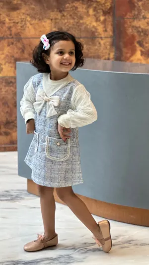 Pastel Blue Knitted Frock with Full Net Sleeves and Big Bow
