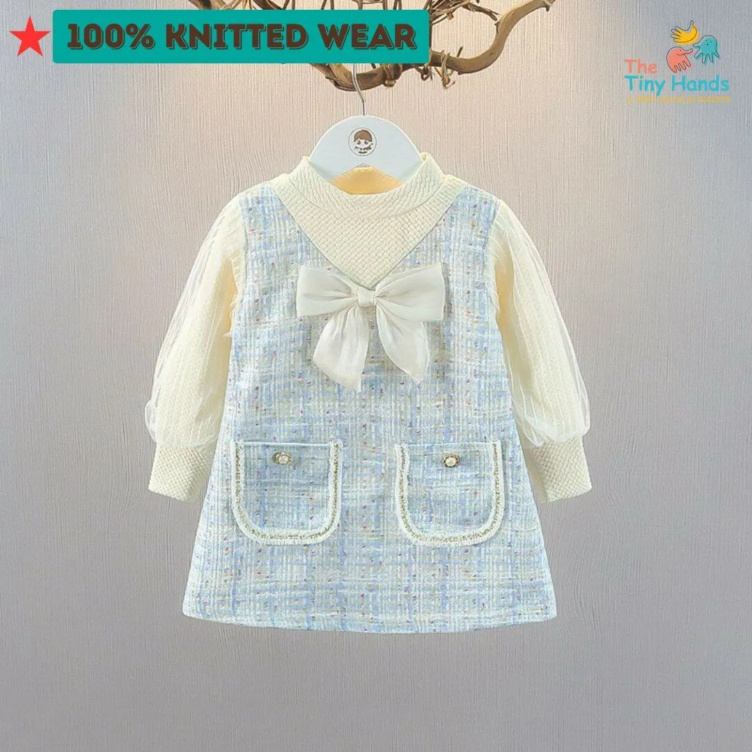Pastel Blue Knitted Frock with Full Net Sleeves and Big Bow