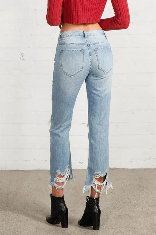 Ripped Frayed High Rise Cropped Straight Denim