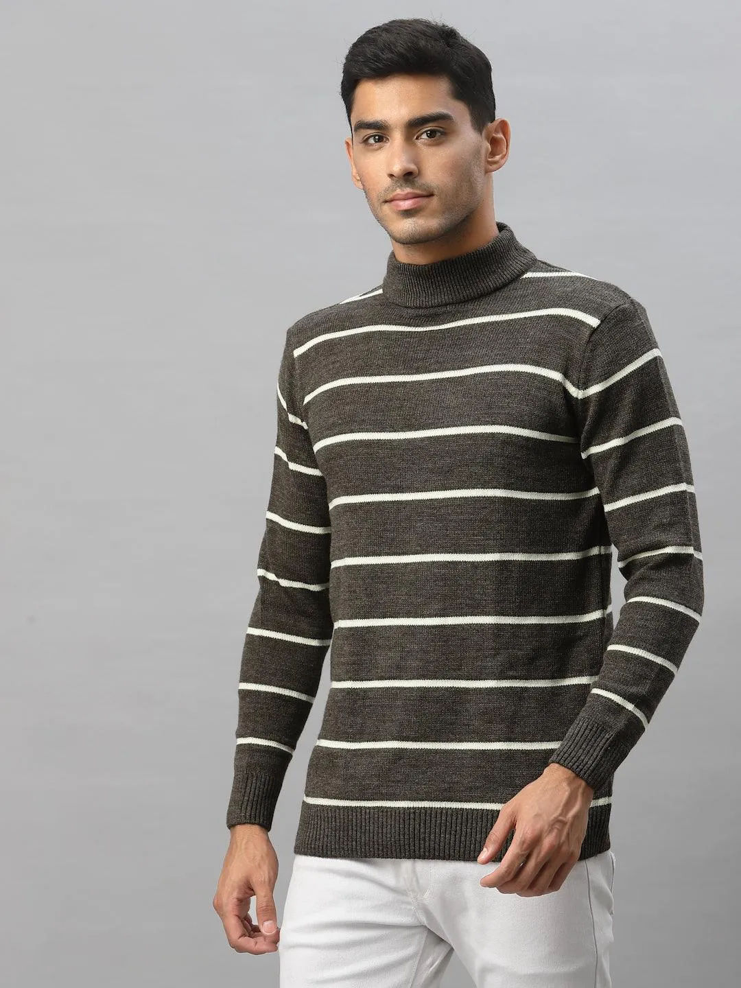 Style Quotient Men Brown & White Striped Pullover
