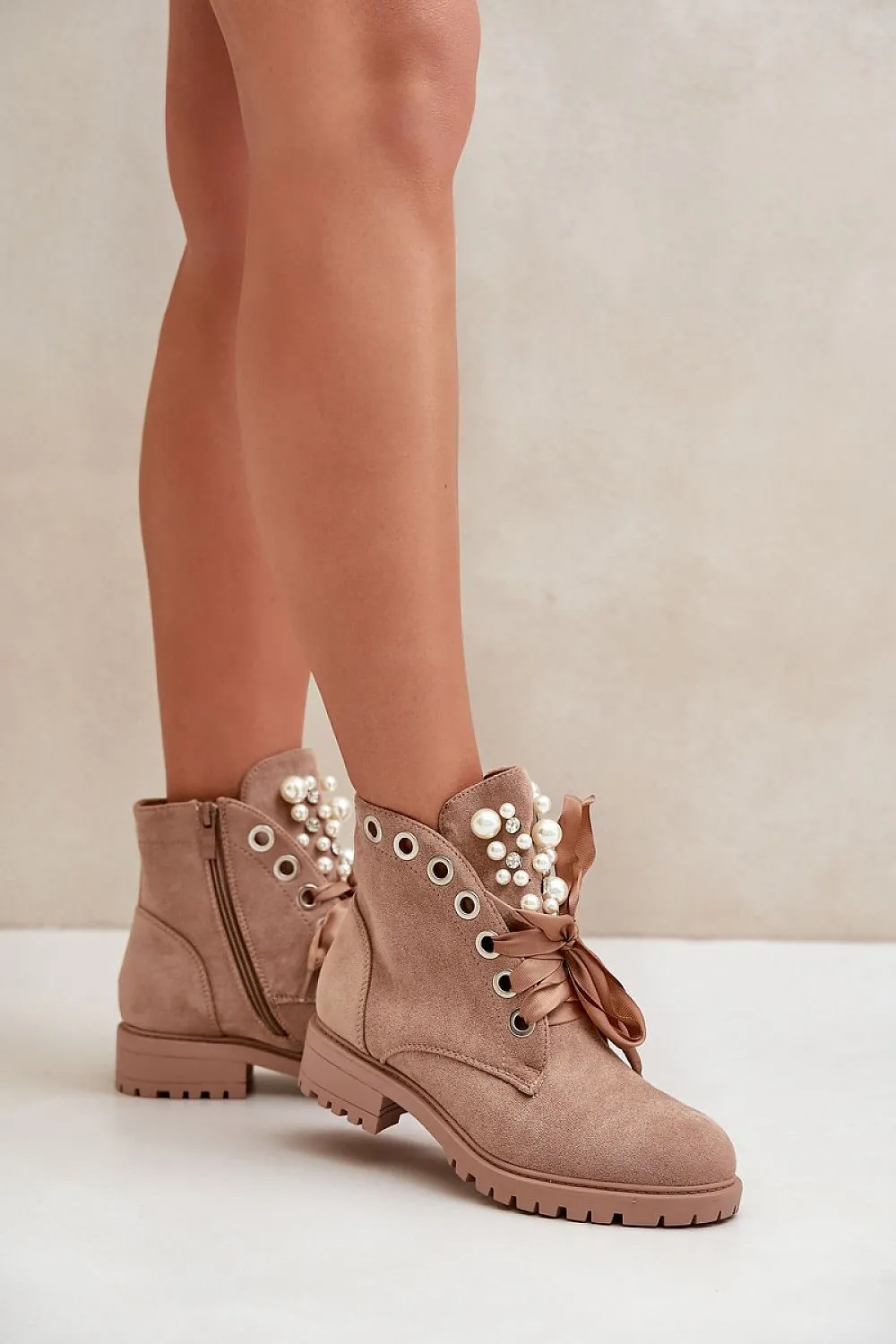 TEEK - Beige Laced Pearl Tongue Boots