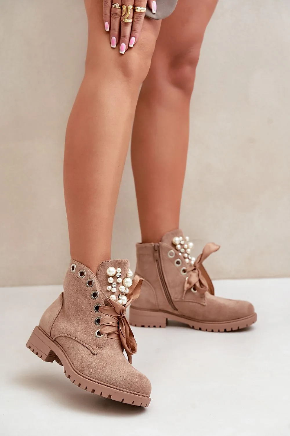 TEEK - Beige Laced Pearl Tongue Boots