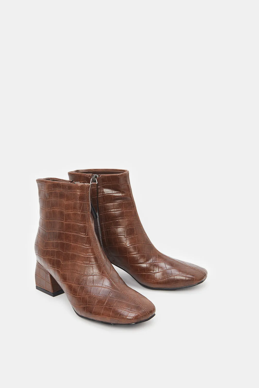 Women Brown Croc Block Heel Boots