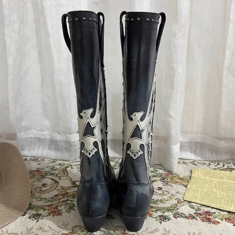 Womens Western Embroidered Boots Retro Style - Black Contrast-stitching Cowboy Boots