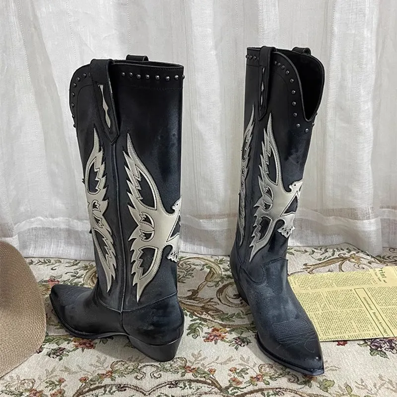 Womens Western Embroidered Boots Retro Style - Black Contrast-stitching Cowboy Boots